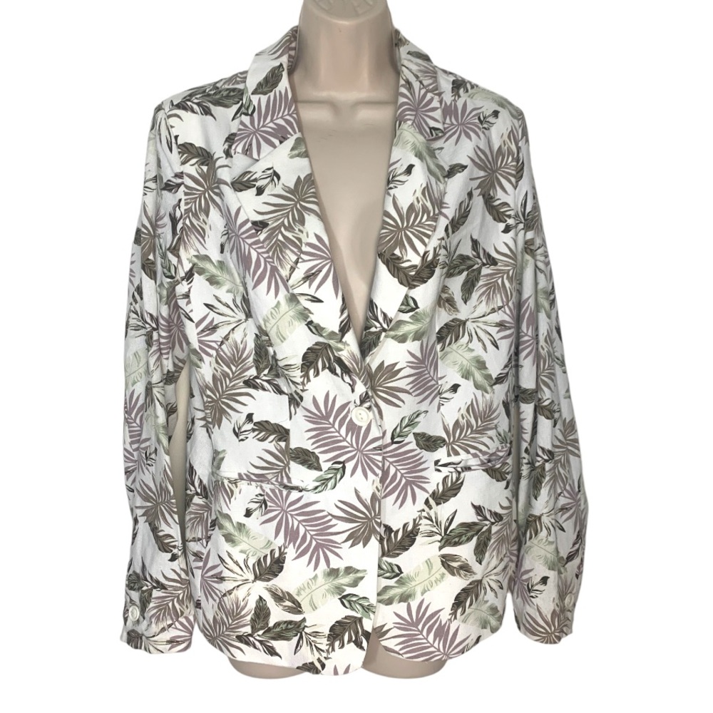 Solitaire LG Linen blend Blazer‎ Tropical Palm Print Lined NWOT